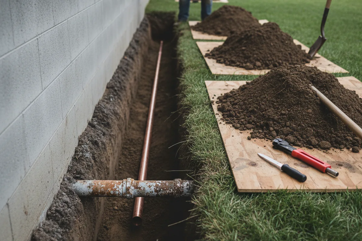 Excavated water line trench during Sewer Line Repair in Bethpage